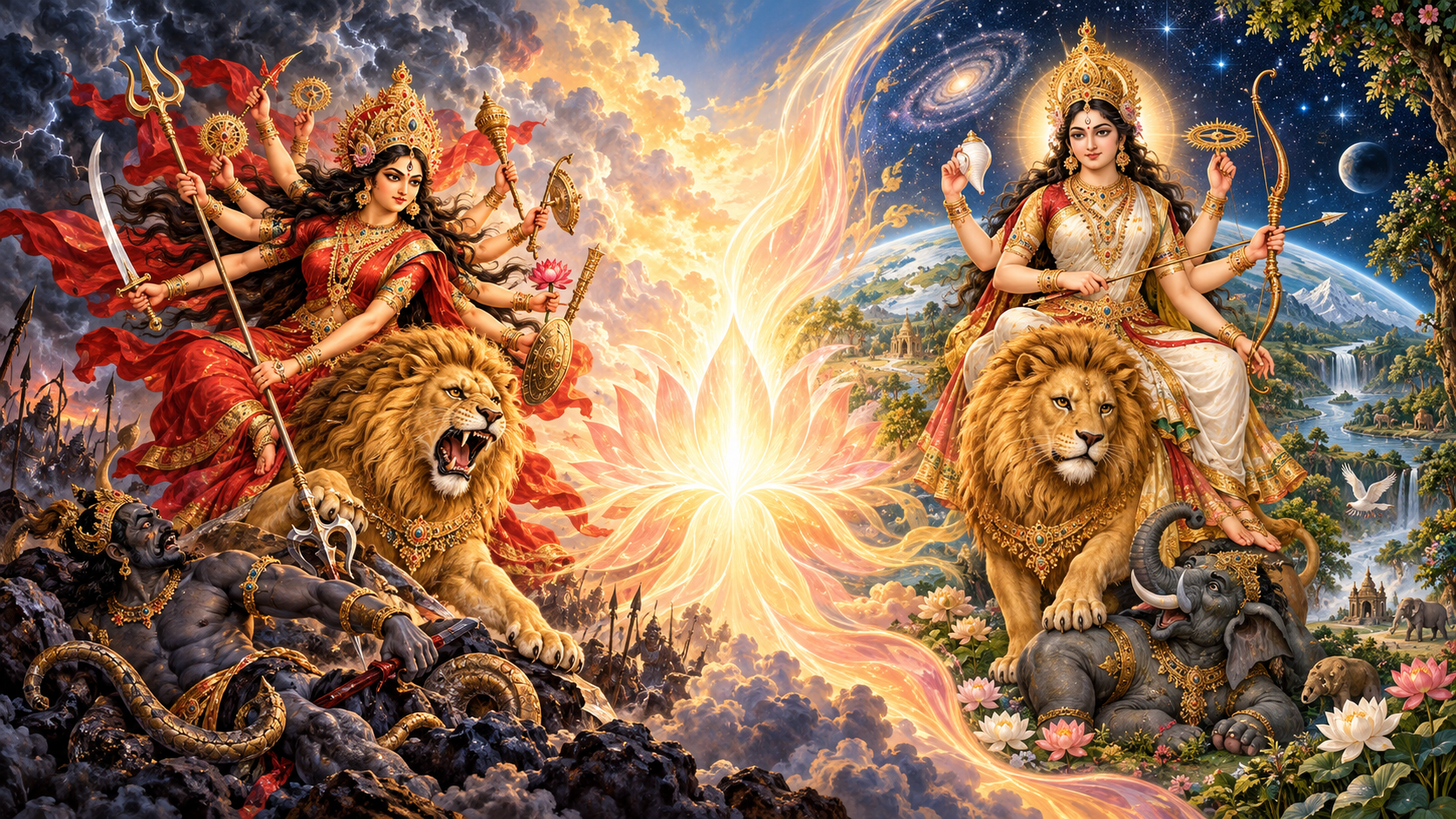 A central lotus-like radiance opens into Durga protecting the world on one side and Jagadhatri sustaining a balanced cosmos on the other.