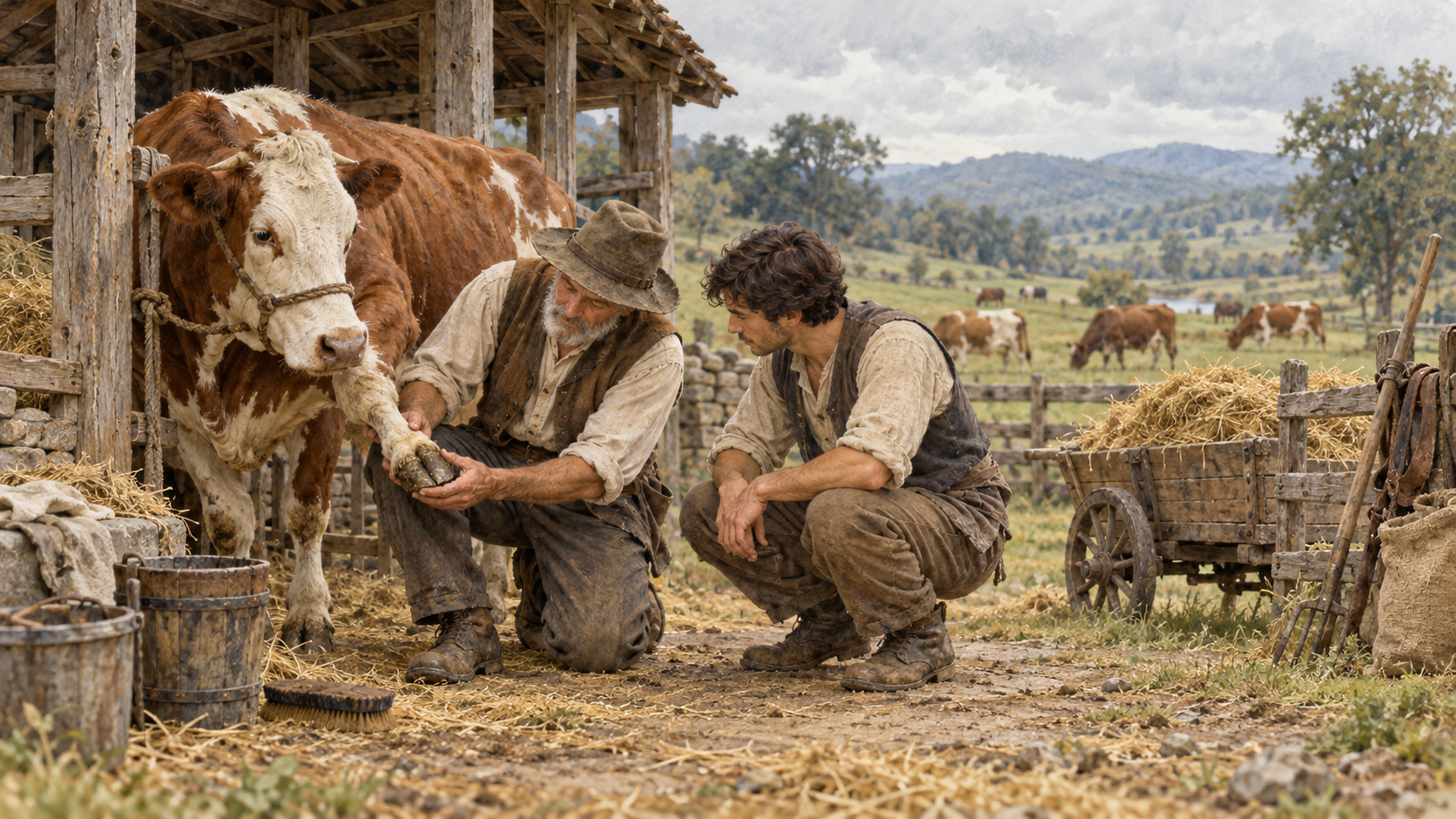 A younger cowherd learns hoof care from an experienced herdsman beside a cow at a modest rural barn.