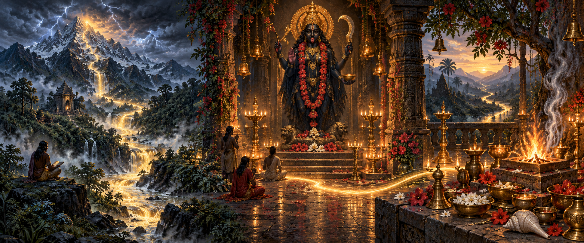 A river of golden light connects a mythic landscape, a lamp-lit shrine to Kali, and an arrangement of ritual vessels and flowers.