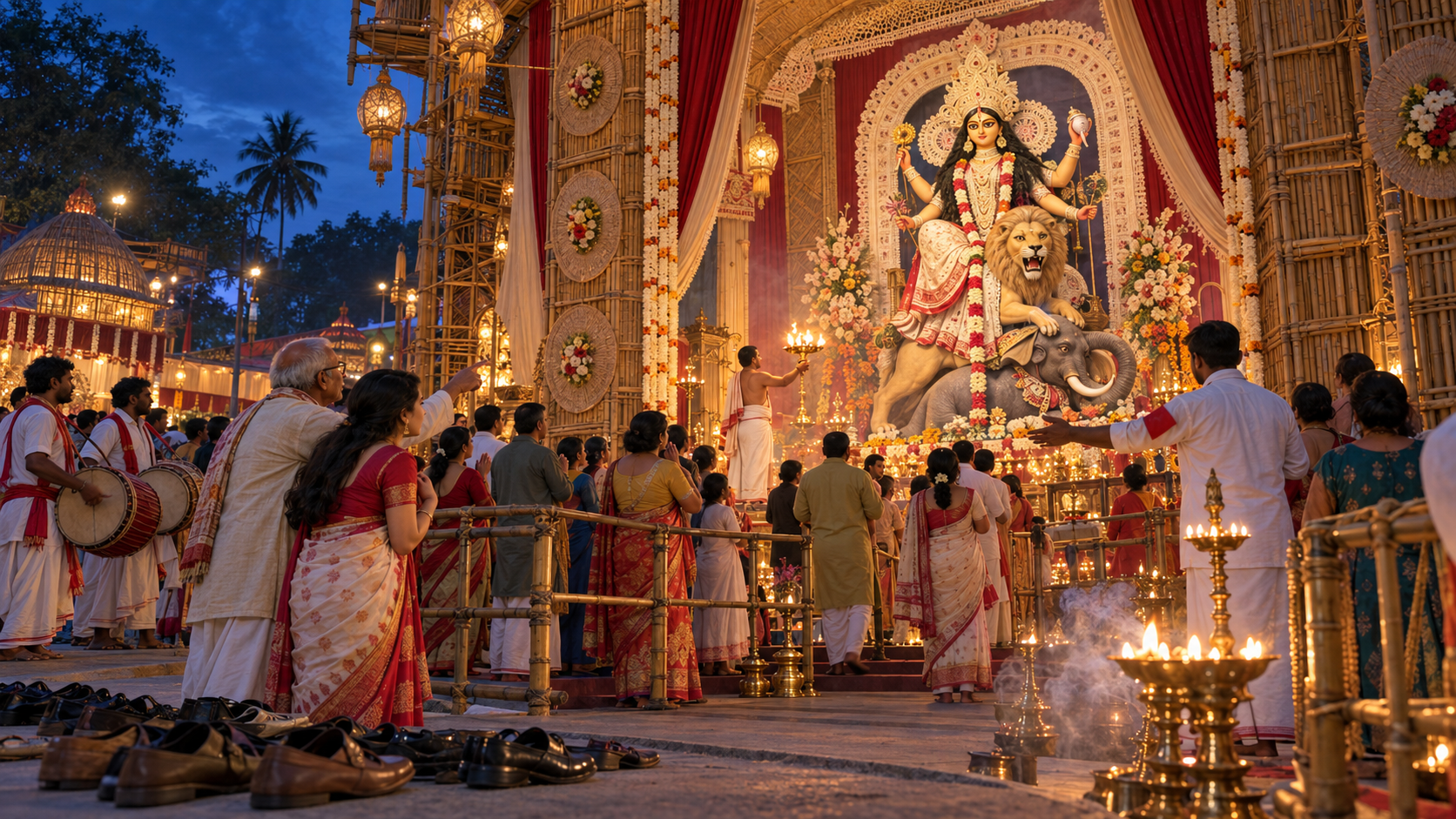 Devotees observe a Jagadhatri Puja arati at a decorated Bengali pandal while a priest, drummers and volunteers take part in the worship.