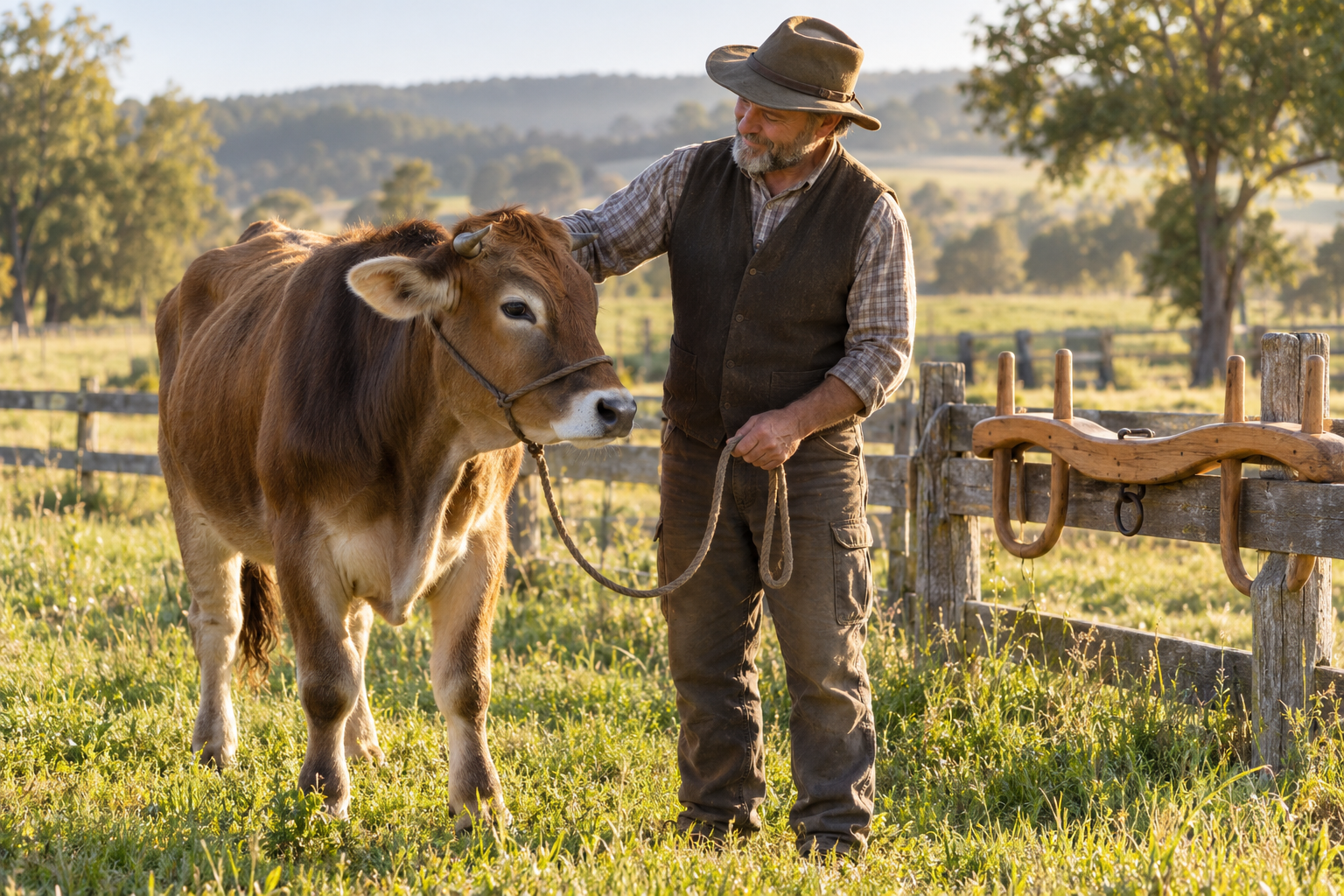 A relaxed handler gently familiarizes a calm young ox with touch and a loose lead in a grassy paddock.