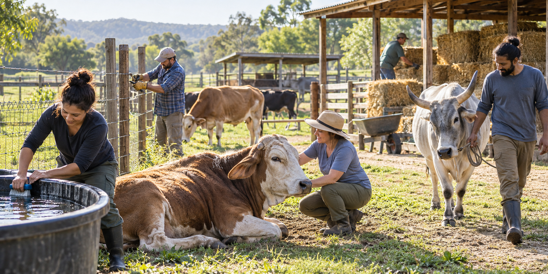 Volunteers repair fencing, store hay, clean a trough, groom an older cow, and care for an ox at a small sanctuary.