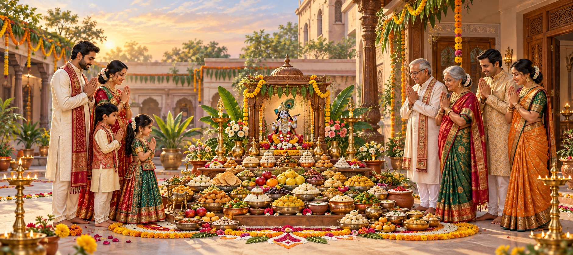 A Gujarati family prays beside a Krishna shrine and a large Annakut display of vegetarian foods in a flower-decorated courtyard.