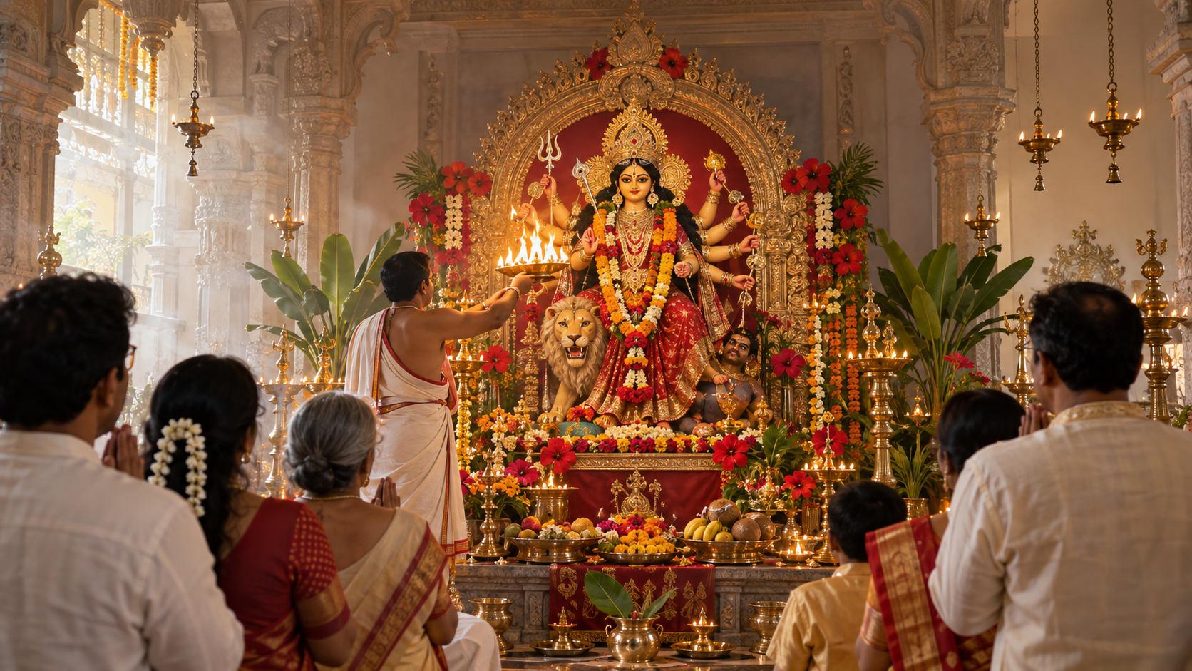 Devotees with folded hands attend Durga Ashtami arati before a flower-adorned Durga shrine in a temple hall.