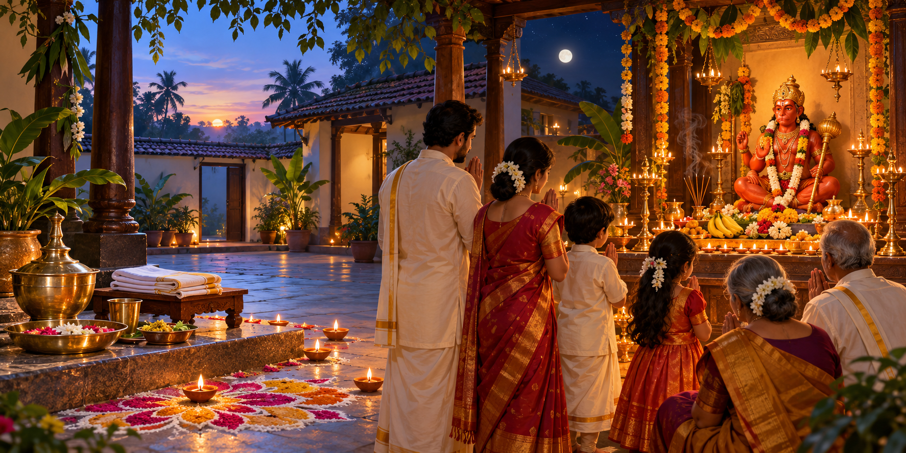A home courtyard shown before dawn with oil-bath preparations and at night with a family praying before a lamp-lit Hanuman shrine.