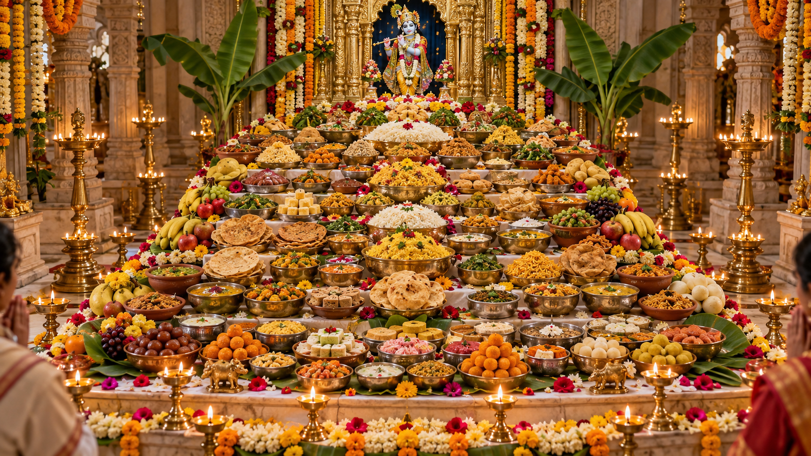 A mountain-shaped Annakut offering of vegetarian dishes, fruits, breads, and sweets is arranged before a Krishna shrine in a decorated temple.