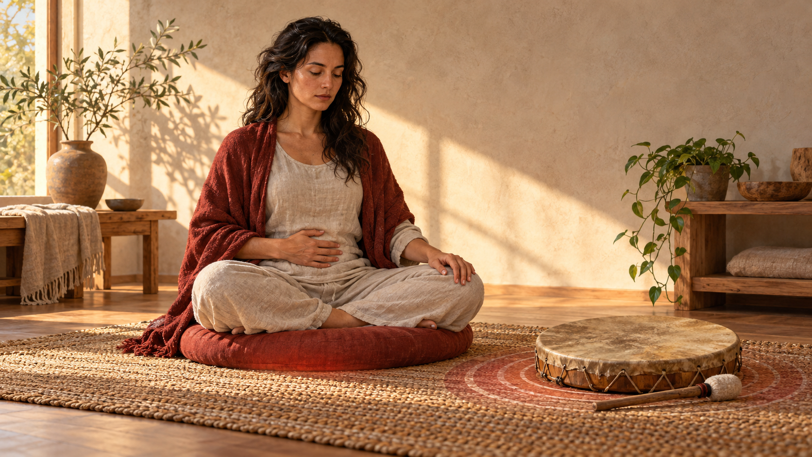 A seated practitioner listens beside a frame drum in a warm, quiet room, with subtle red light near the base of the figure.