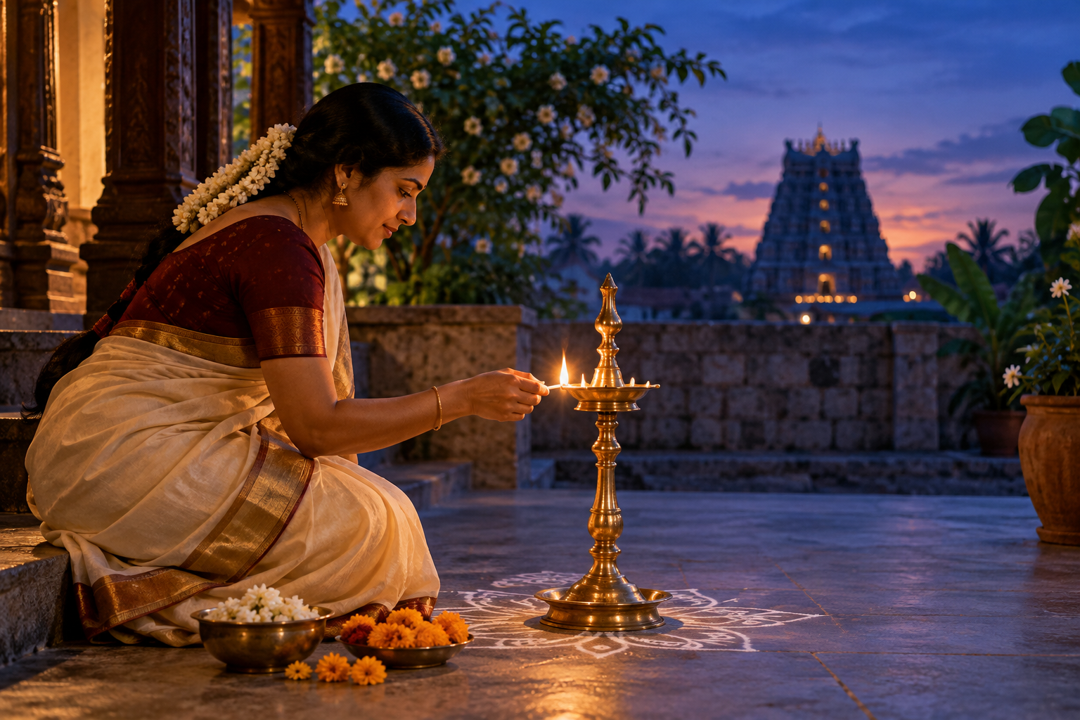 A devotee lights a brass oil lamp in a South Indian courtyard at twilight beside a small flower arrangement and rice-flour kolam.