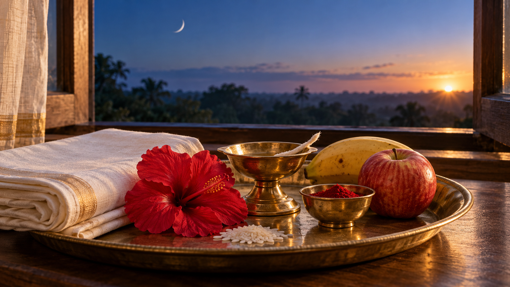 A prepared puja tray with a brass lamp, hibiscus, rice, kumkum, fruit, and cloth rests near a window at dawn with the moon still visible.