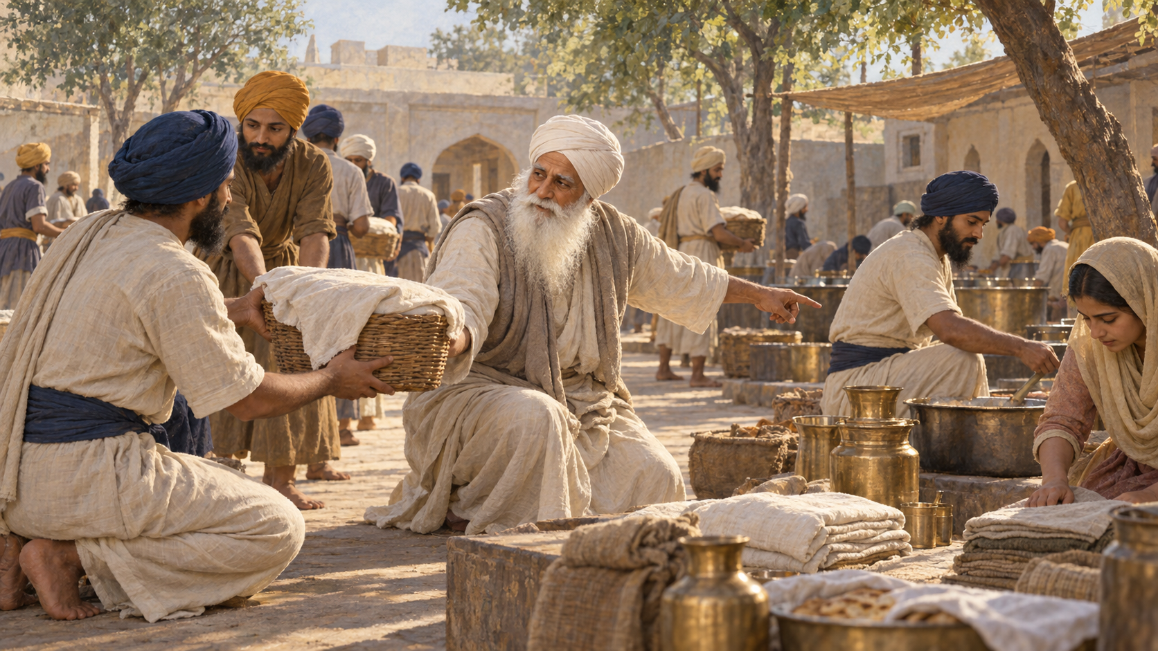 An elderly Sikh elder kneels with younger volunteers as they pass provisions through a congregational courtyard.
