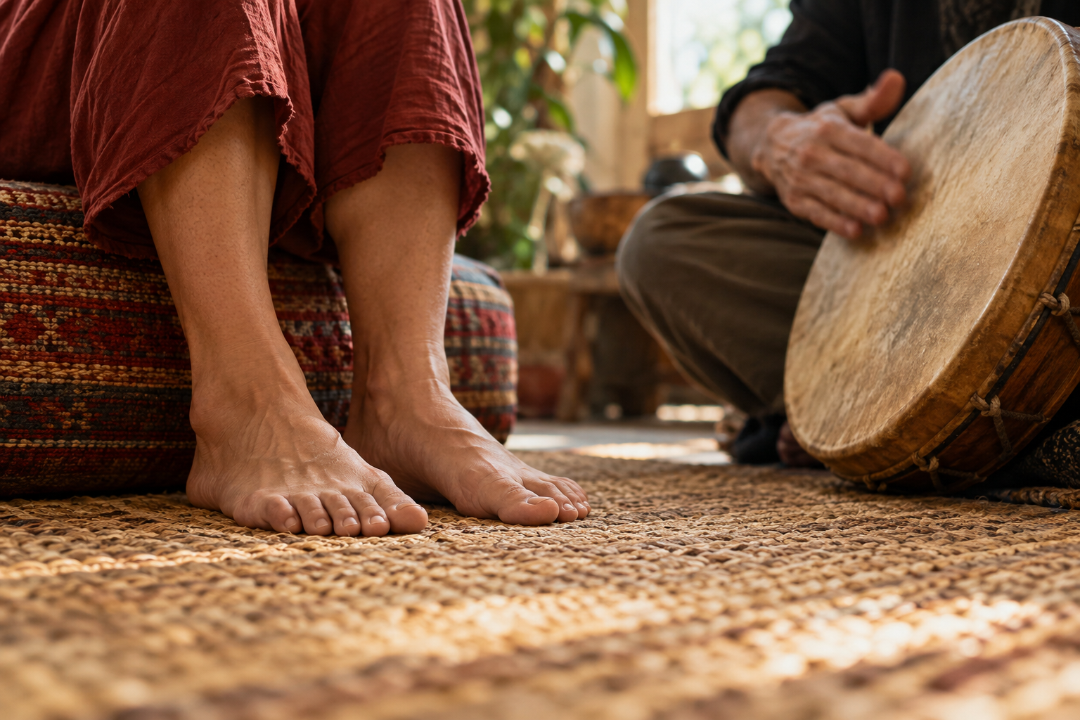 Bare feet rest on a woven mat beside a wooden frame drum being played by hand.