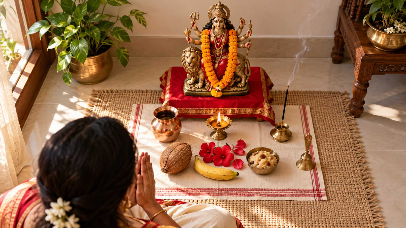 A devotee sits with folded hands before a simple home Durga altar arranged with a lamp, flowers, fruit, water vessel, bell, and prasad.