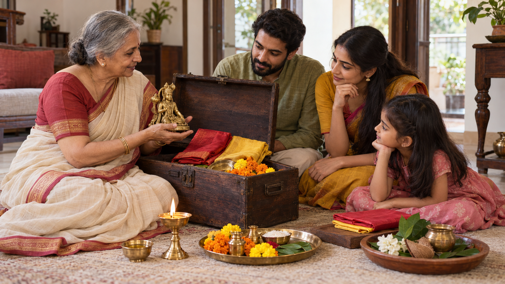 Three generations of a family examine inherited lamps, flowers, cloth, and a Hanuman murti while discussing their household observance.