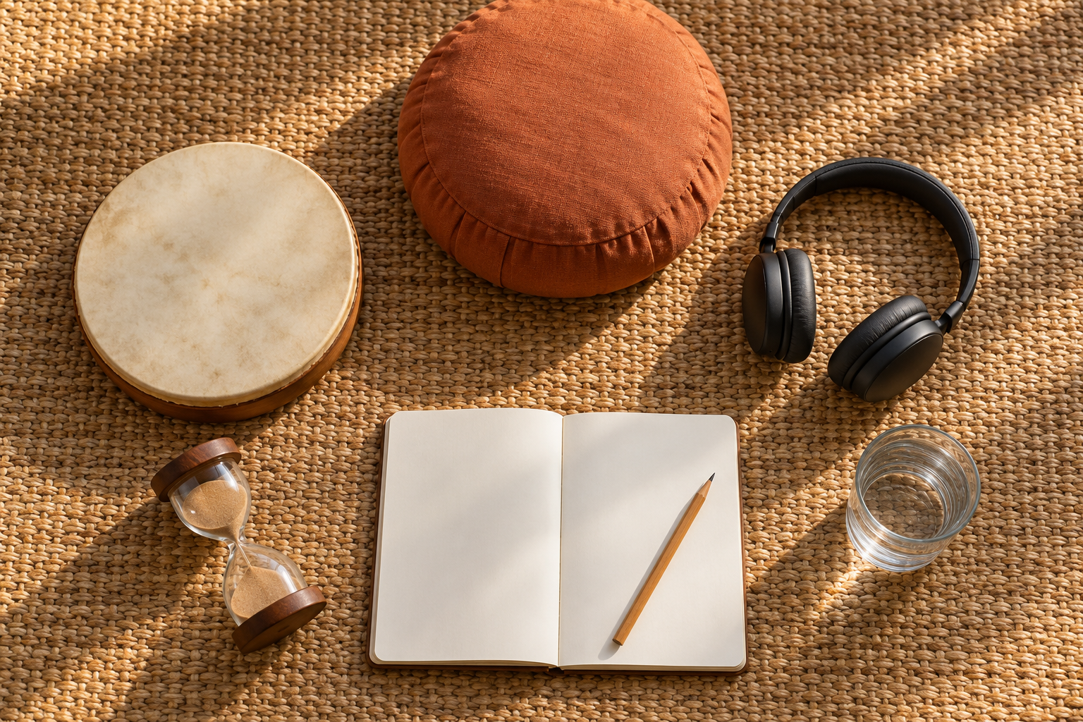 A frame drum, cushion, headphones, hourglass, water and blank notebook are arranged on a natural-fibre mat.