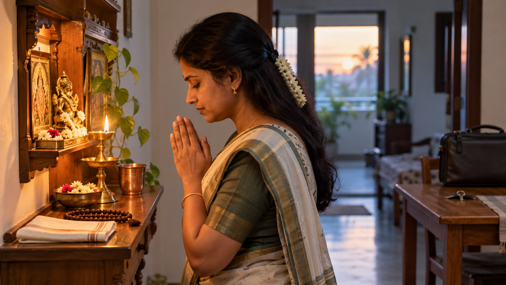 A devotee performs a simple dawn worship at a compact home shrine while a work bag and keys rest in the background.