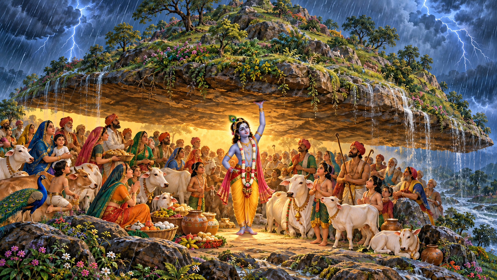 Sri Krishna lifts Govardhan Hill while villagers, cows, and calves shelter beneath it from heavy rain.