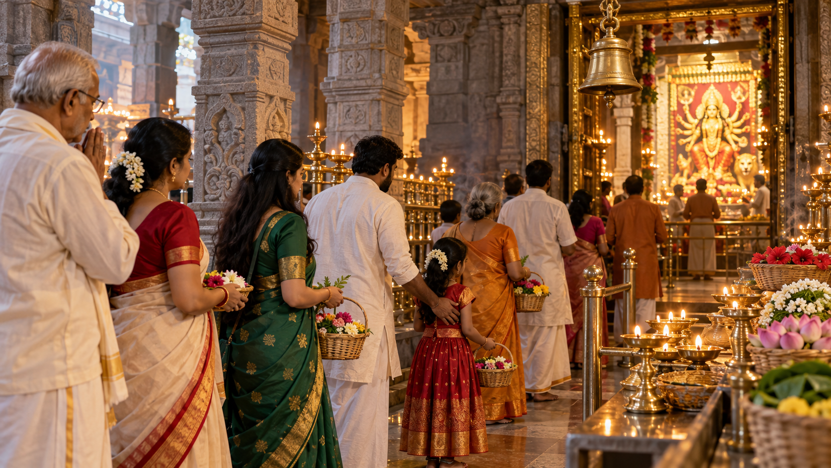 Devotees carrying flower offerings wait calmly in a temple corridor leading toward an illuminated sanctum.