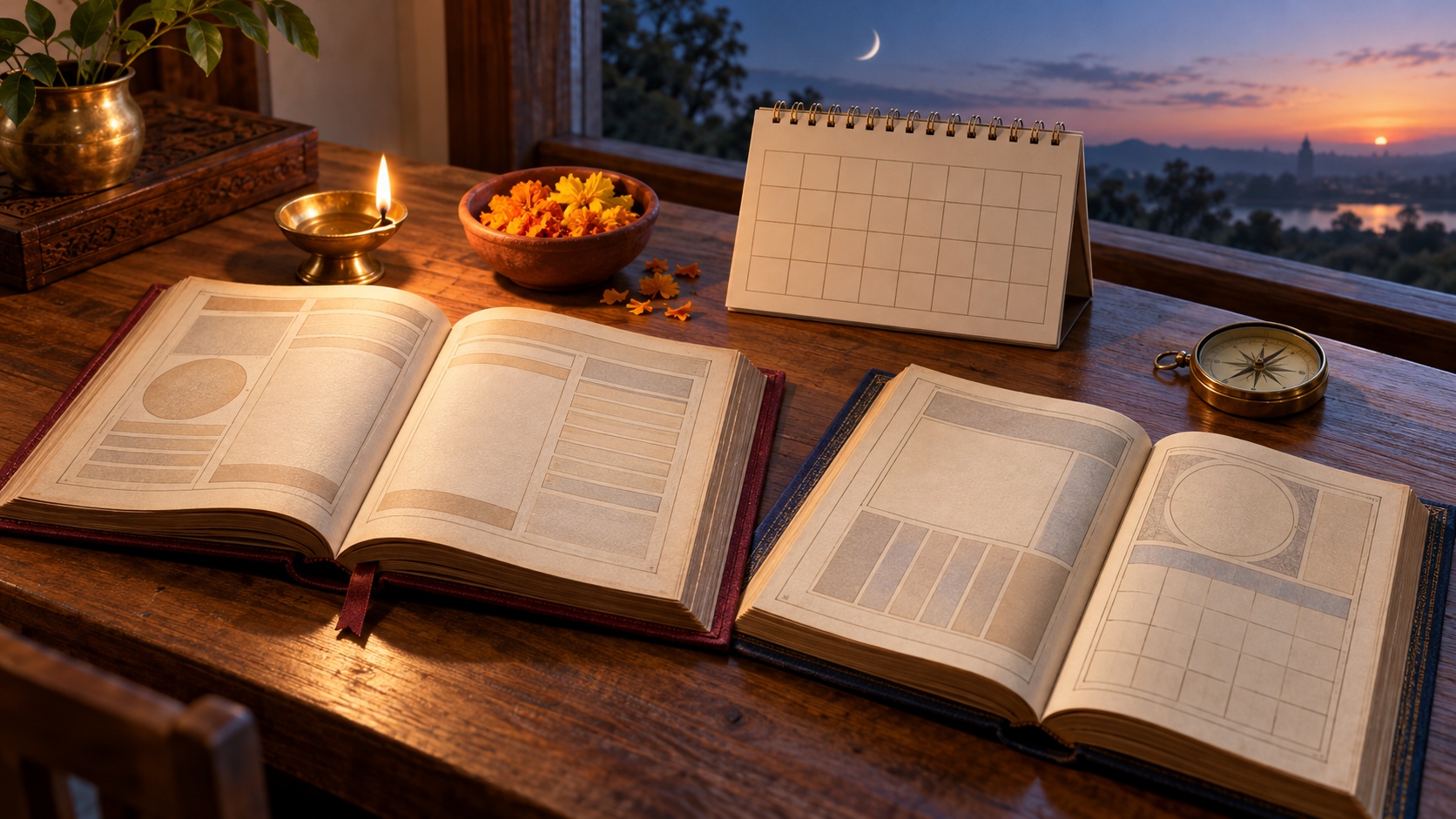 Two open almanacs, a blank calendar, a compass, a diya, and marigold petals rest on a table beside a window at dawn.