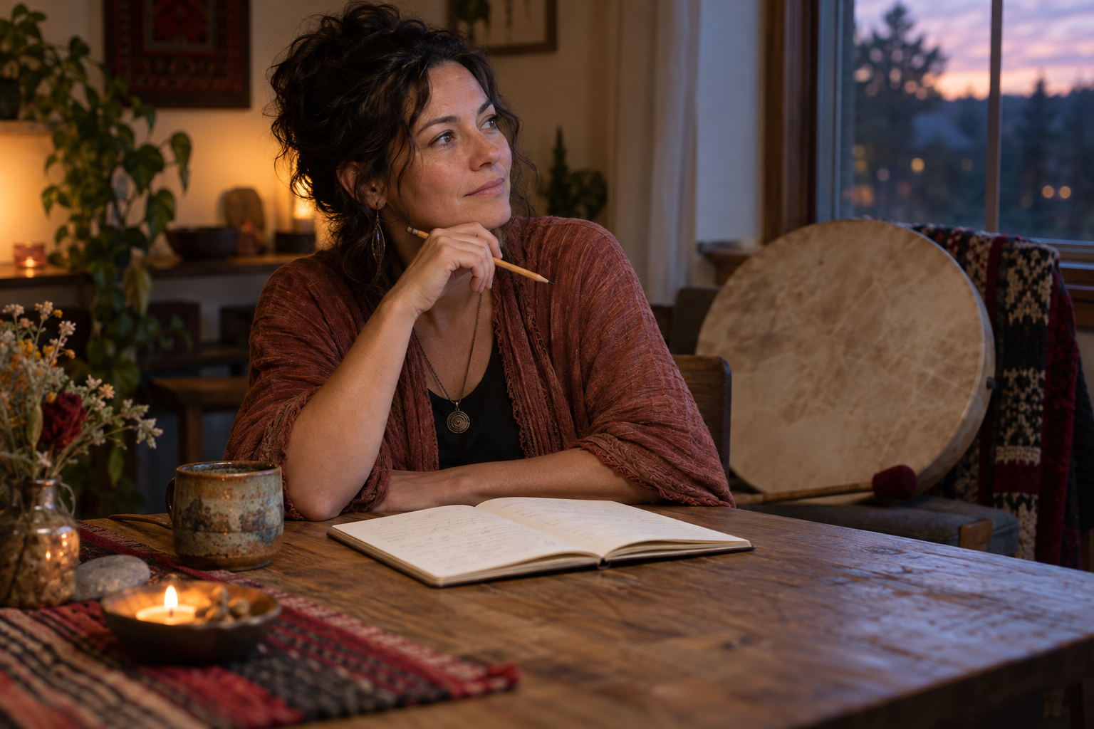 A practitioner pauses with a pencil over a notebook after a frame-drum session in a softly lit room.