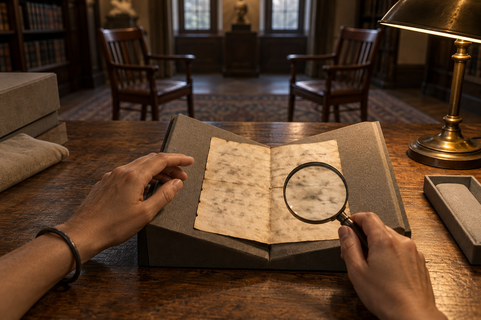 A hand with an iron bangle studies a fragile letter in an archival cradle while two empty chairs face each other in the background.