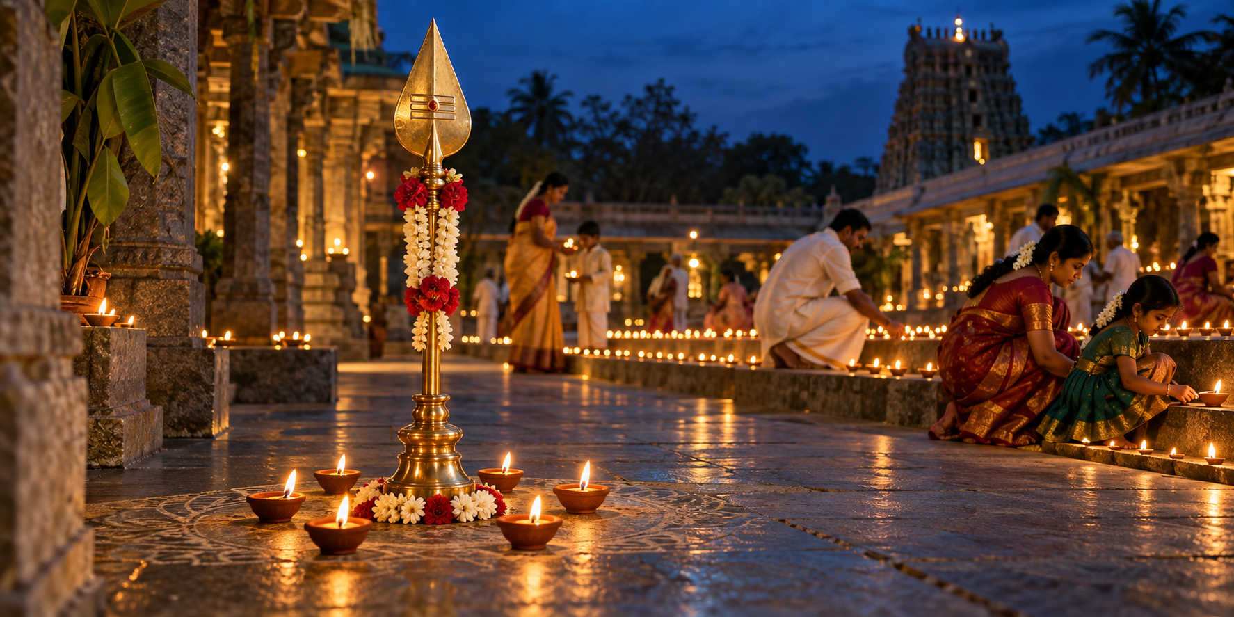A flower-garlanded brass vel and six oil lamps stand in a temple courtyard while families light rows of clay lamps at dusk.