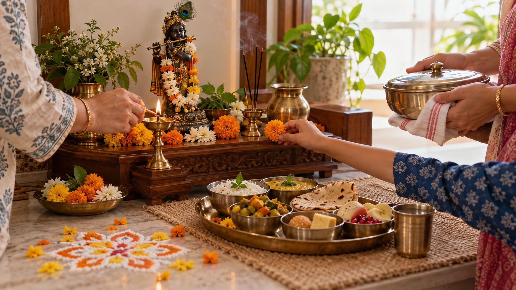 Family members prepare a simple home altar with a Krishna murti, lamp, flowers, tulsi leaves, and several homemade food offerings.