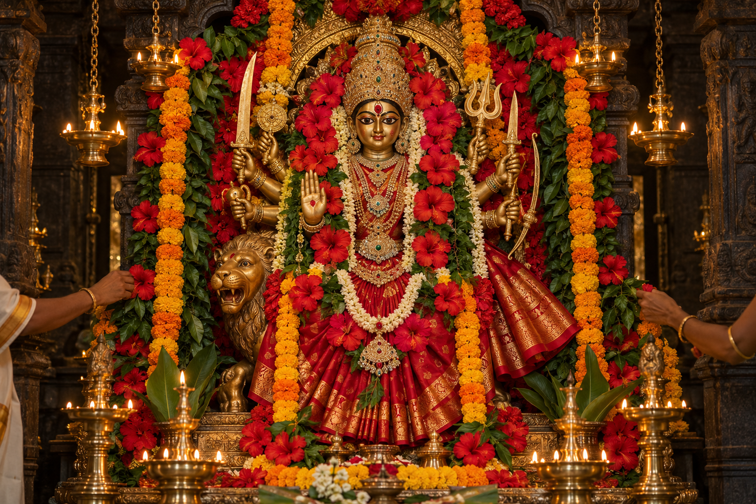 A Durga temple shrine is adorned with red and yellow flower garlands, crimson cloth, jewelry, green leaves, and symmetrical brass lamps.