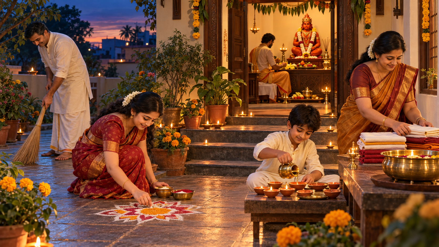 Family members clean a courtyard and prepare lamps in the foreground while another person arranges a Hanuman altar in the adjoining room.
