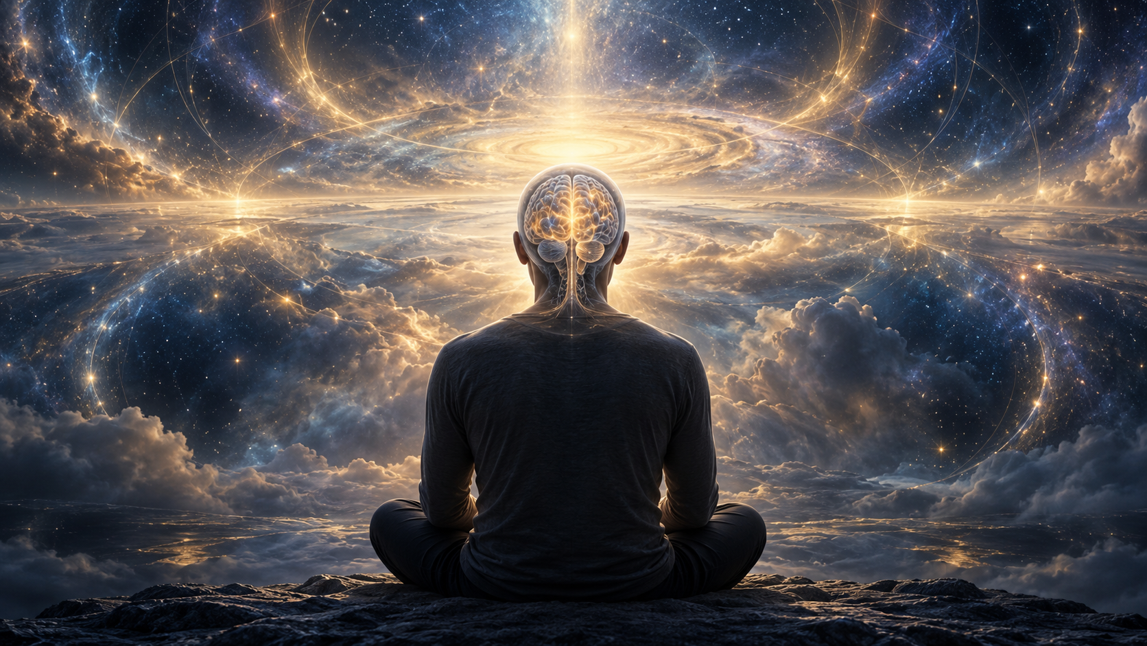 A seated figure with a softly illuminated brain faces an expansive field of indigo and gold light.