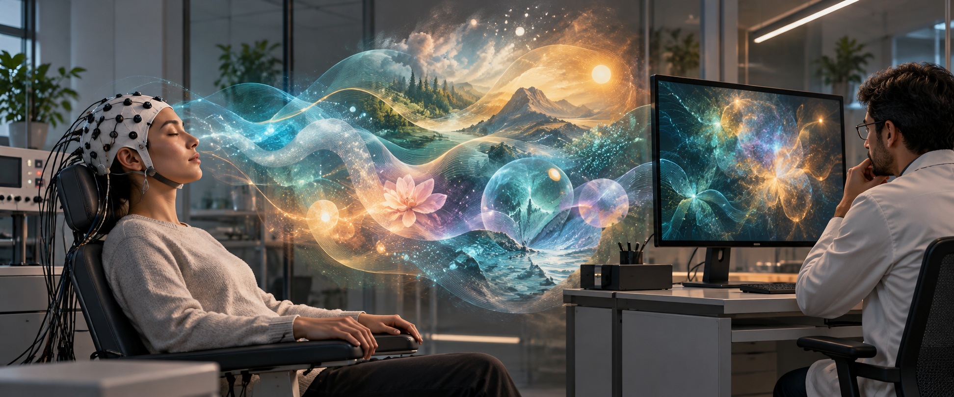 A research participant, abstract sensory forms, and an investigator occupy three connected areas of a laboratory scene.