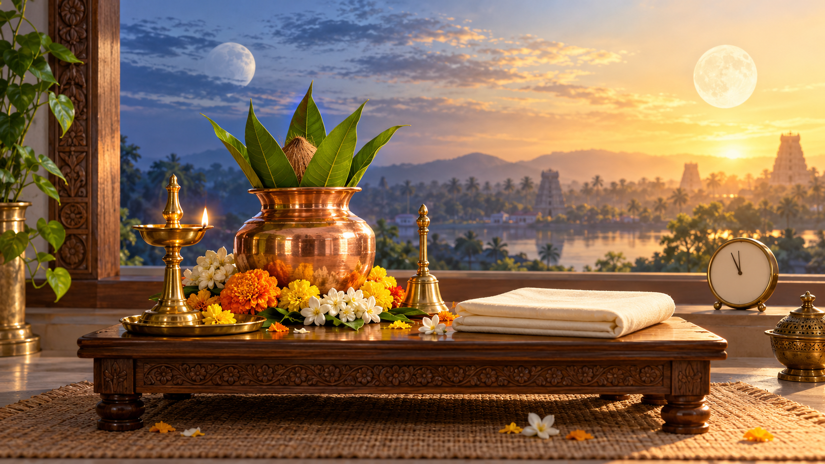 A sunrise prayer setting with a brass lamp, copper kalash, flowers, lunar motifs, and a numeral-free clock showing just after eleven.