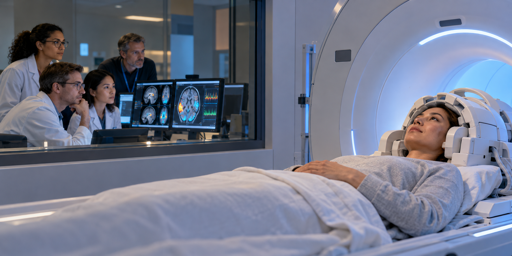 A volunteer undergoes brain imaging while researchers observe from a control room behind glass.