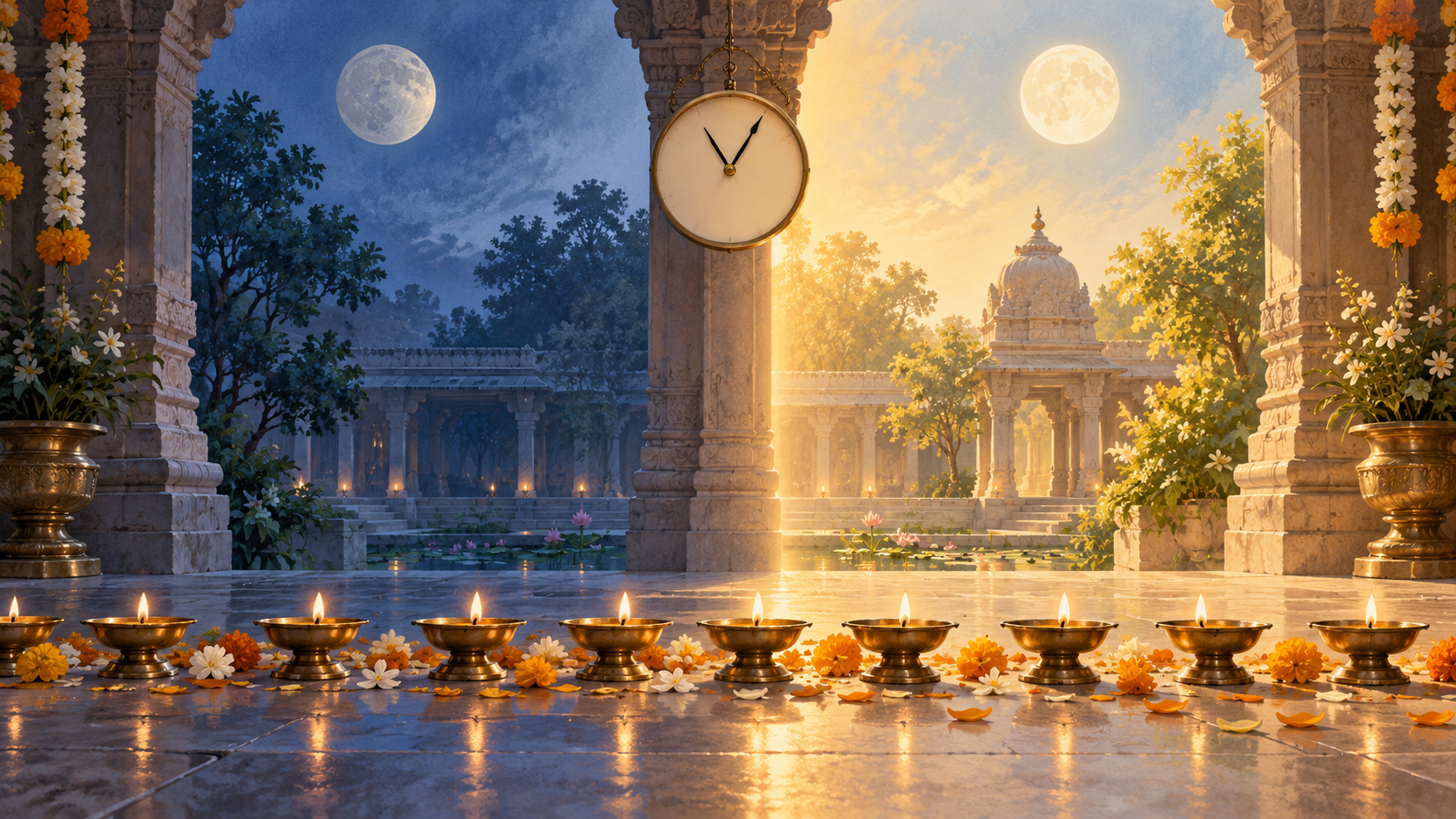 A temple courtyard shifts from cool dawn light to warm morning light around a numeral-free clock, with lamps and lunar motifs spanning both sides.