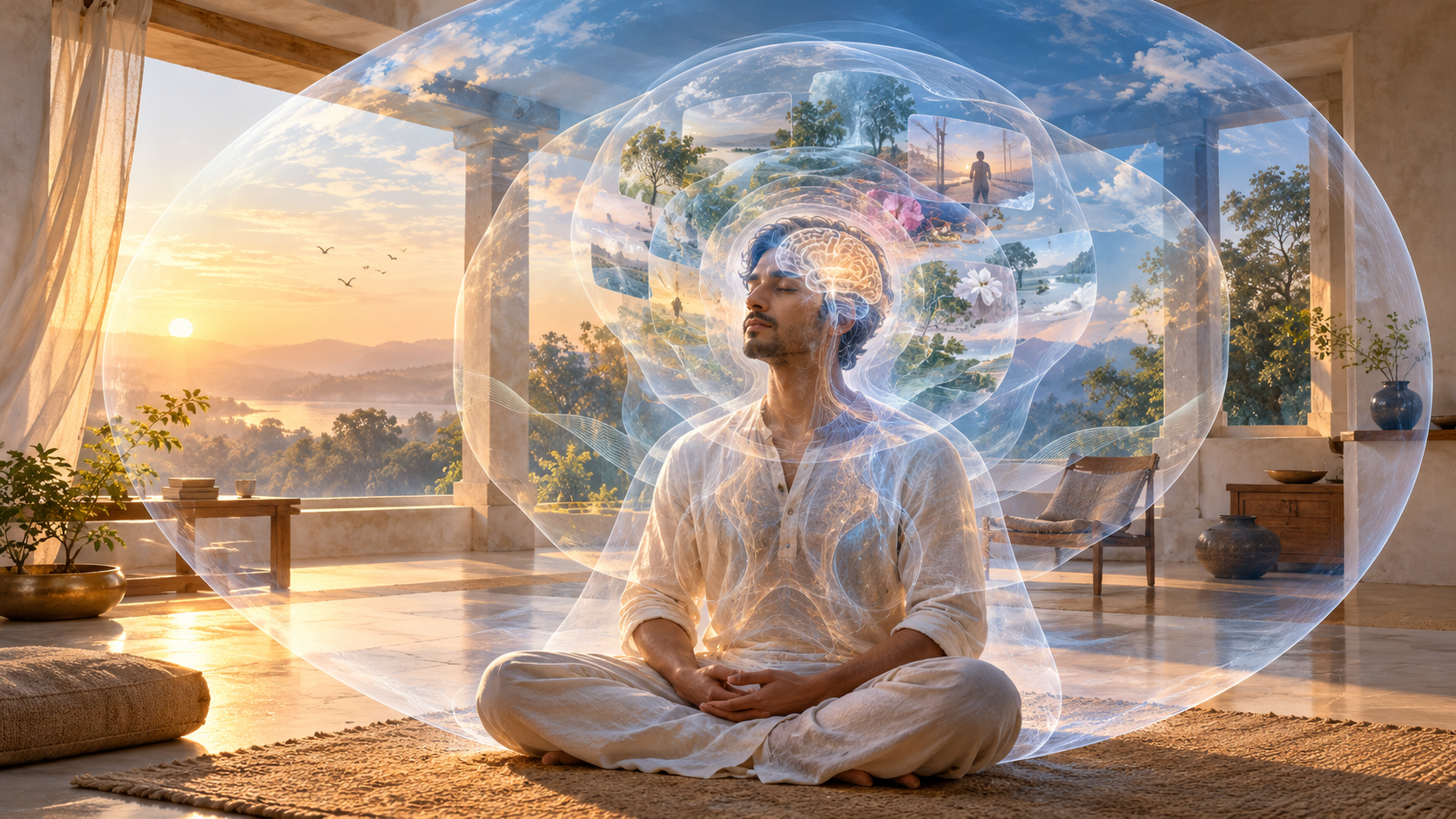 A meditating person and translucent layers of brain, thought, and surroundings appear within one luminous open field.