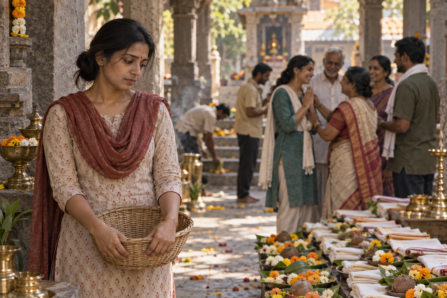 A temple volunteer holding an empty flower basket watches as another volunteer is thanked beside neatly arranged offerings.