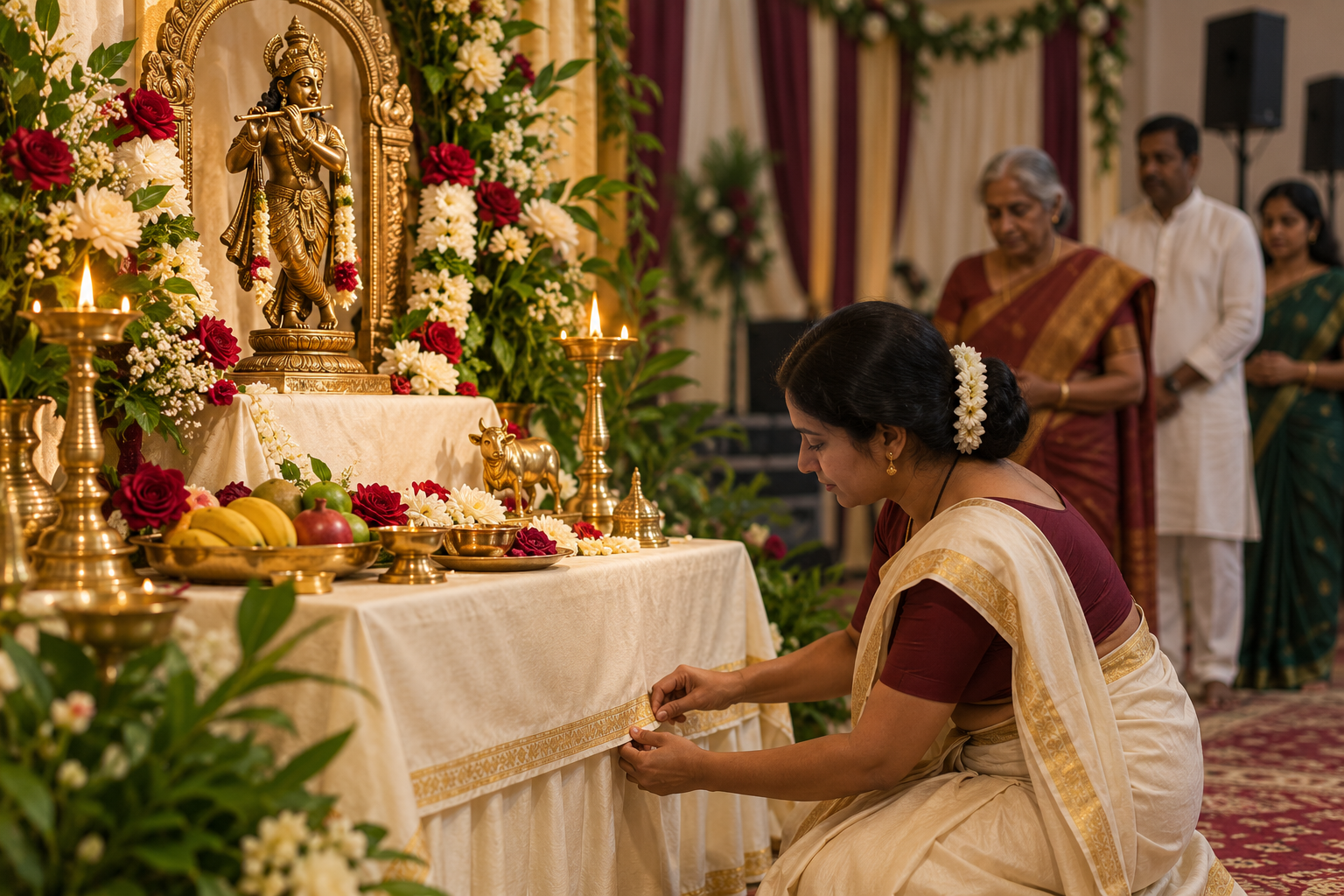 A volunteer carefully tends a raised altar holding a sacred form, flowers, and a lamp while event equipment remains separate in the background.