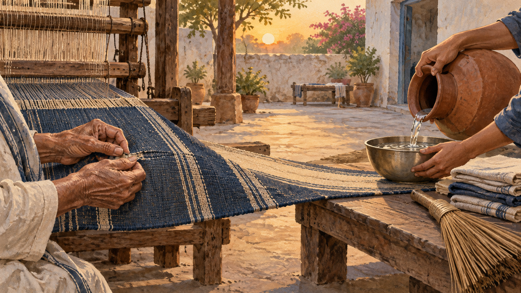 Hands inspect woven cloth beside a water vessel, serving bowl, folded cloths, and a broom in a quiet courtyard.