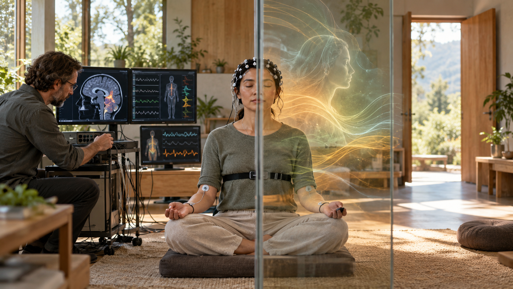 A meditating participant connected to recording sensors sits beside a scientist in a softly lit research room.