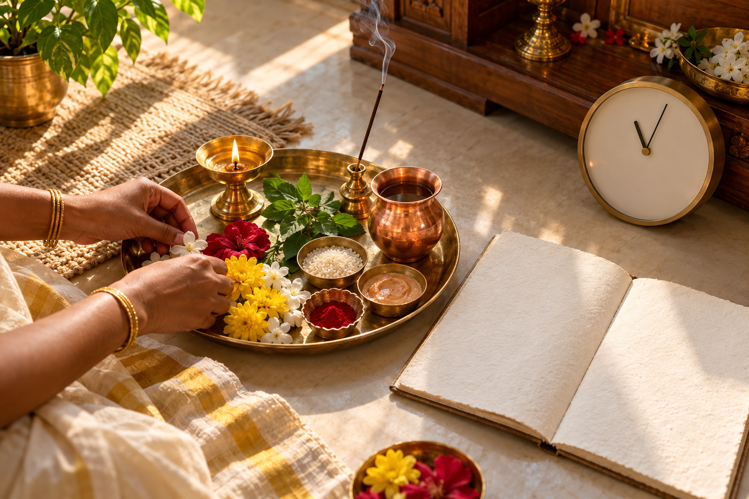 A devotee's hands arrange a puja tray beside flowers, a copper vessel, a blank notebook, and a numeral-free clock showing shortly after eleven.