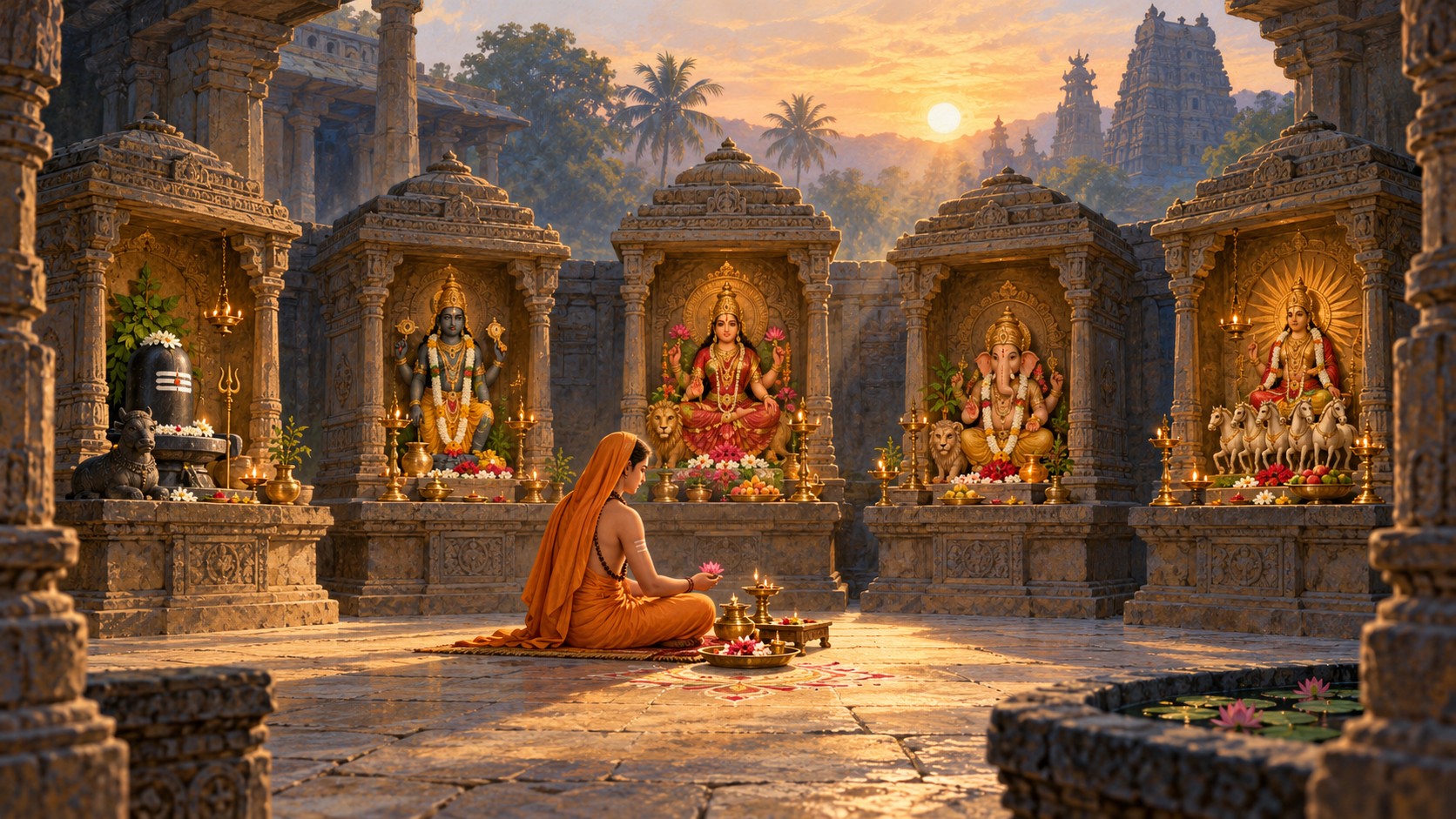 An ochre-robed renunciant sits in a dawn-lit stone courtyard surrounded by separate shrines for Shiva, Vishnu, Devi, Ganesha, and Surya.
