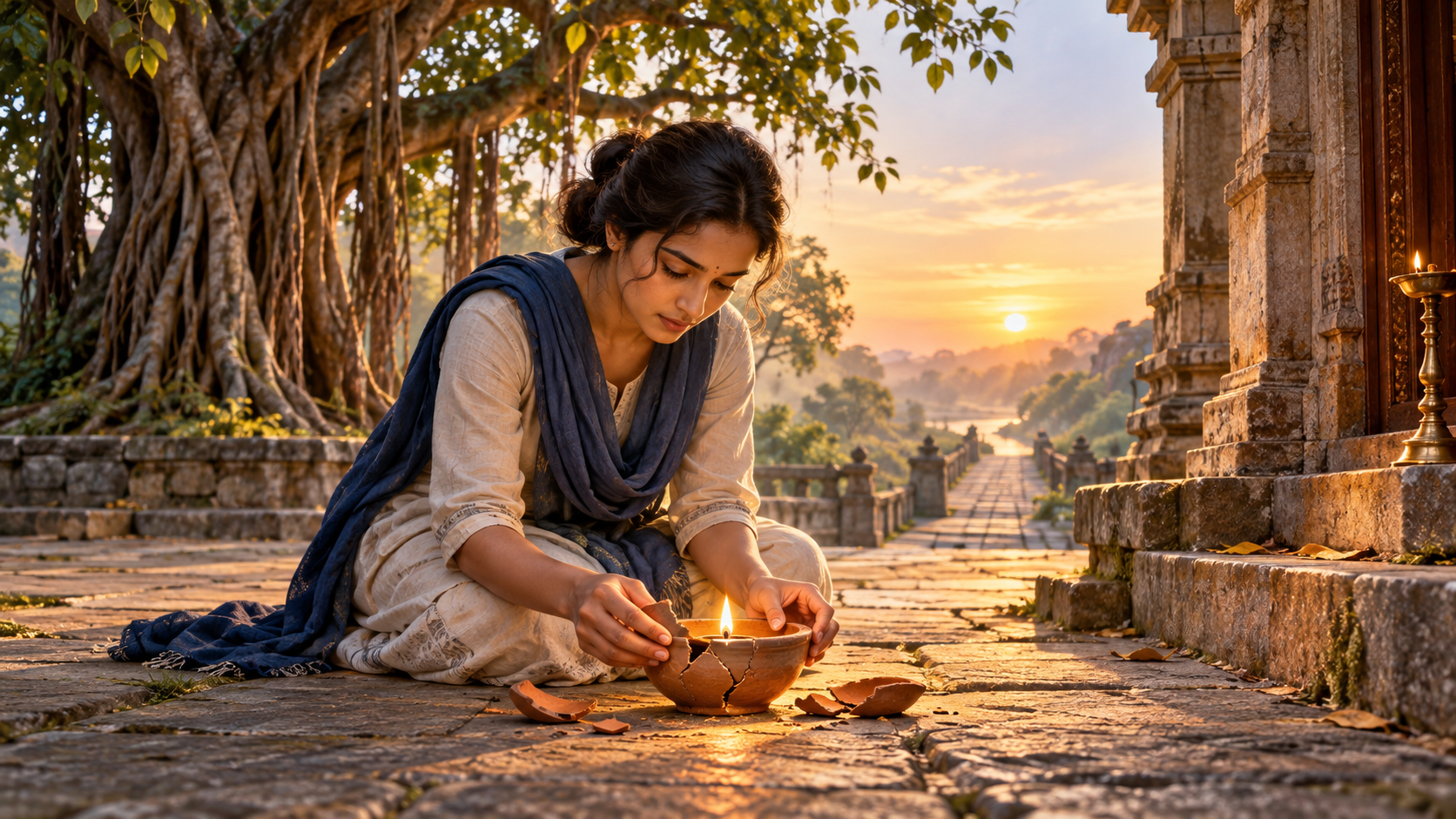 A person in a dawn courtyard carefully repairs a broken clay lamp whose small flame continues to glow through visible cracks.