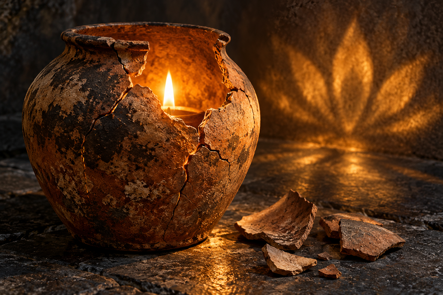 A cracked and stained clay vessel holds a glowing oil flame, with loose fragments resting beside it on a stone floor.