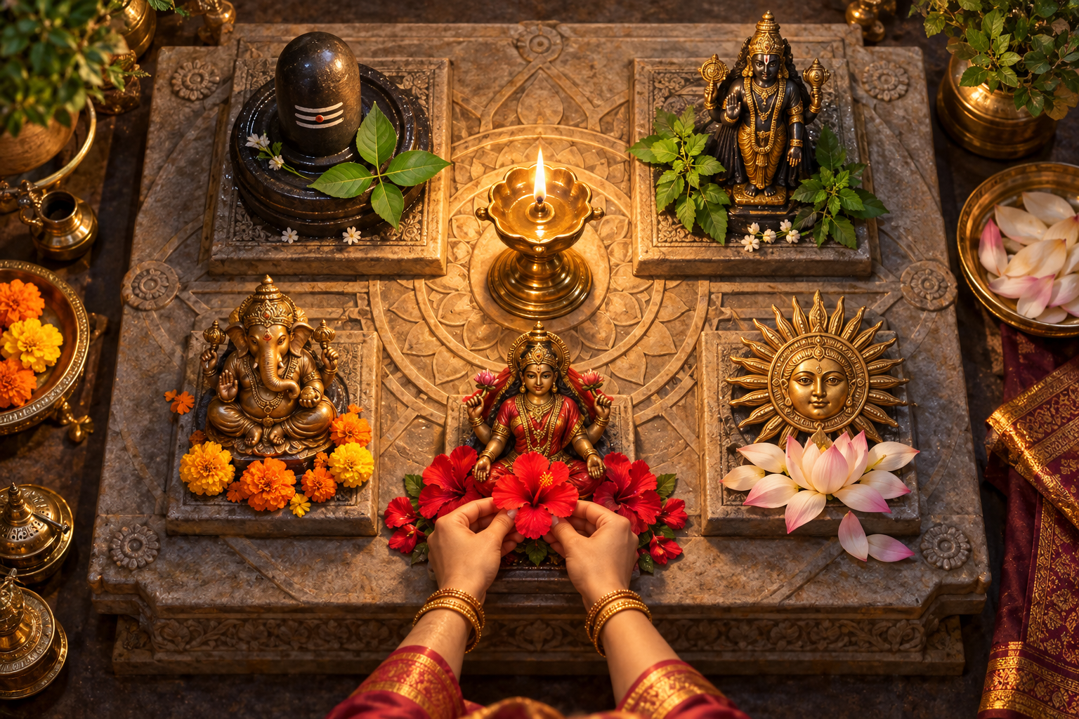Five distinct sacred forms for Shiva, Vishnu, Devi, Ganesha, and Surya share a stone altar illuminated by one brass oil lamp.