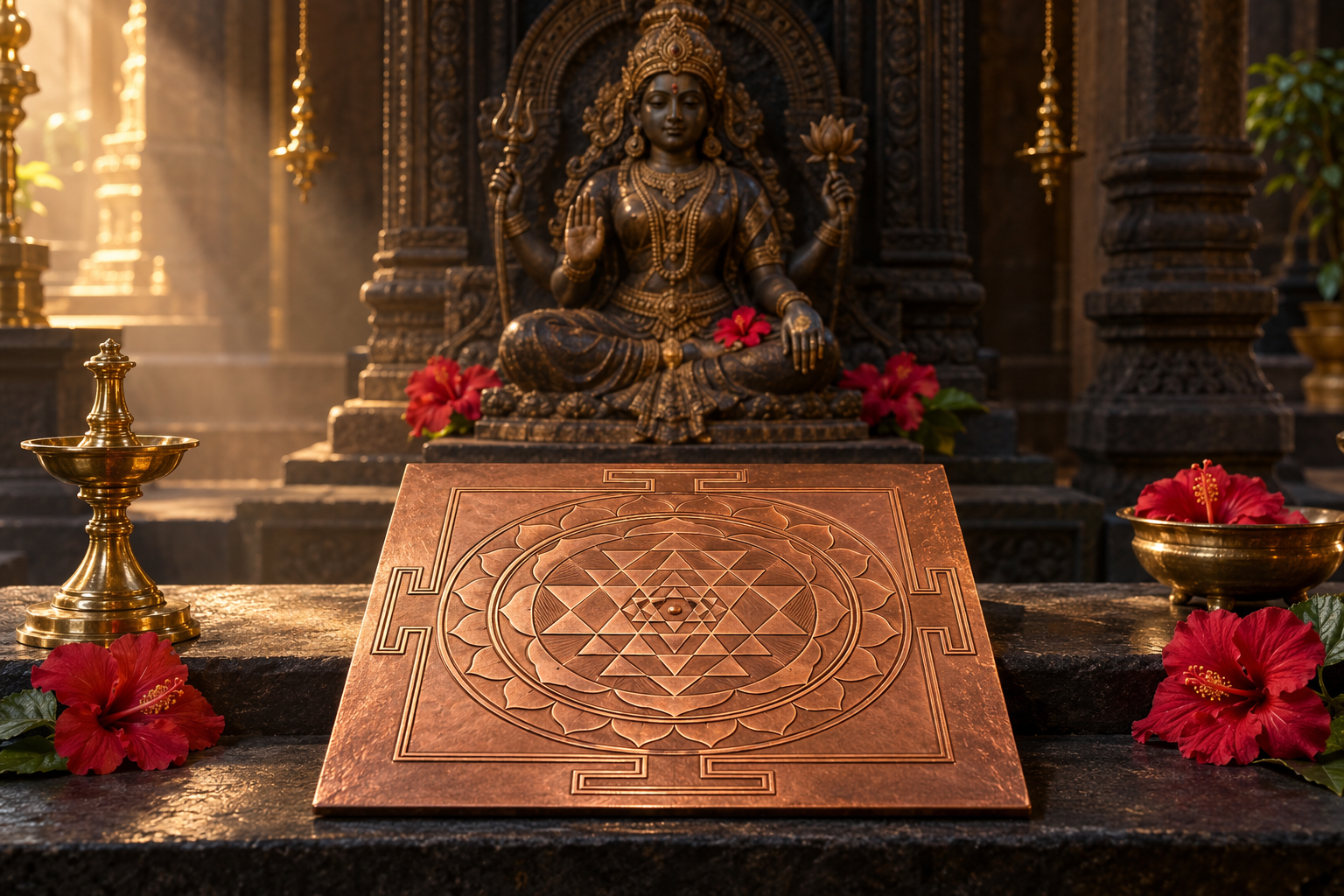 A copper Sri Chakra on a stone altar aligned with a seated Devi sculpture, framed by hibiscus flowers and a brass lamp.