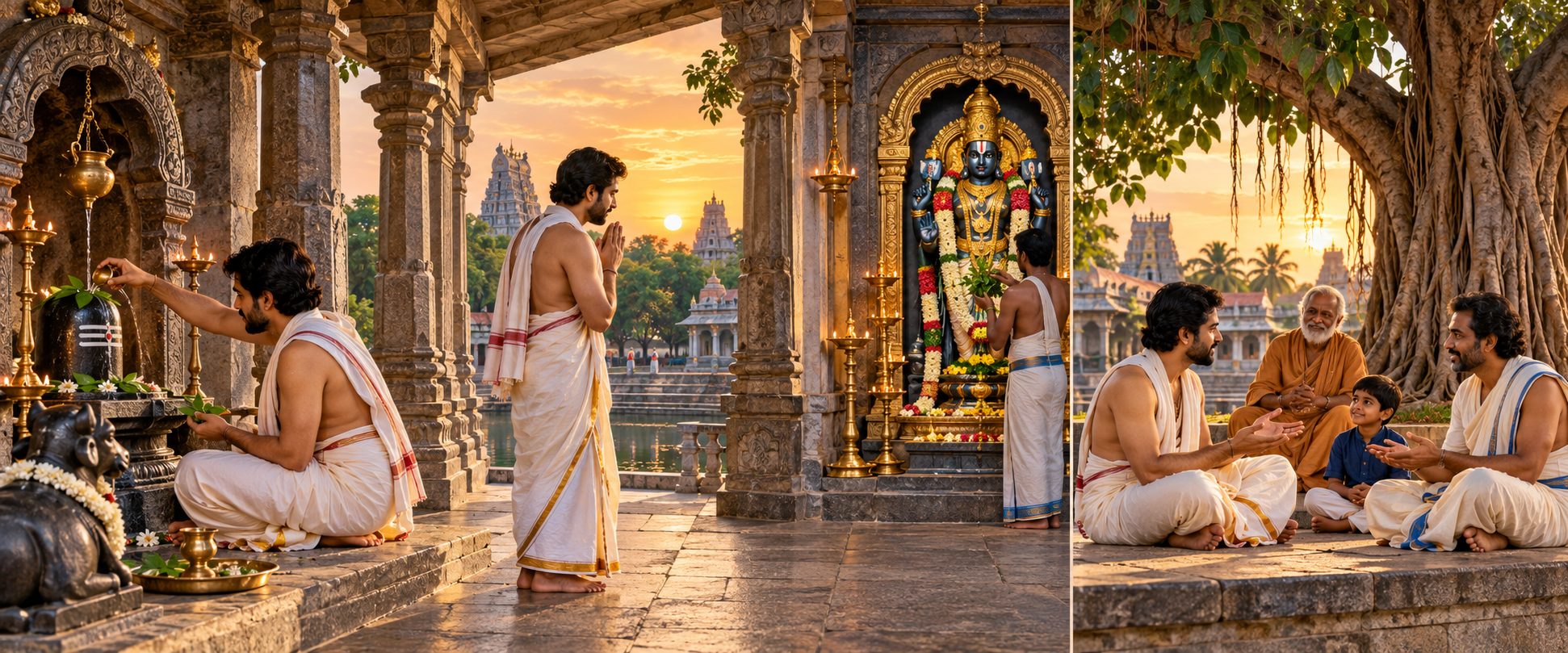 Three connected scenes show a devotee worshipping Shiva, honoring a Vishnu shrine, and speaking calmly with another worshipper.