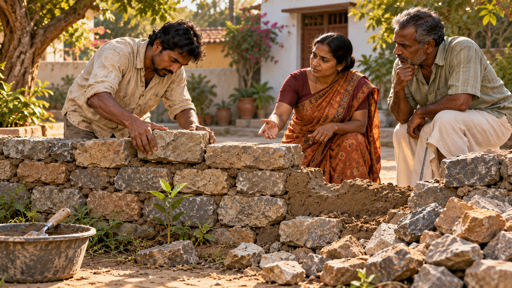 A person rebuilds a damaged courtyard wall while two neighbors watch and help guide the unfinished repair.