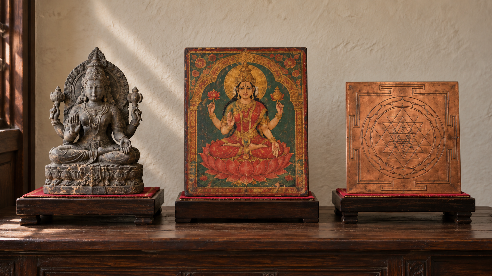 A stone goddess sculpture, a painted Devi icon, and a copper Sri Chakra displayed separately in a softly lit temple-study room.