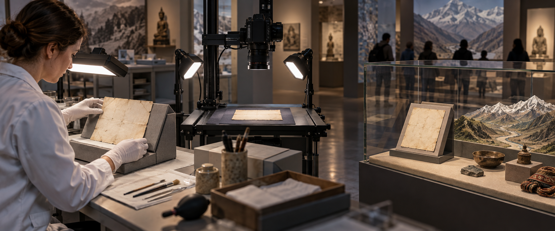 A conservator, a copy camera, and a museum case show the progression of an old letter from preservation to public display.