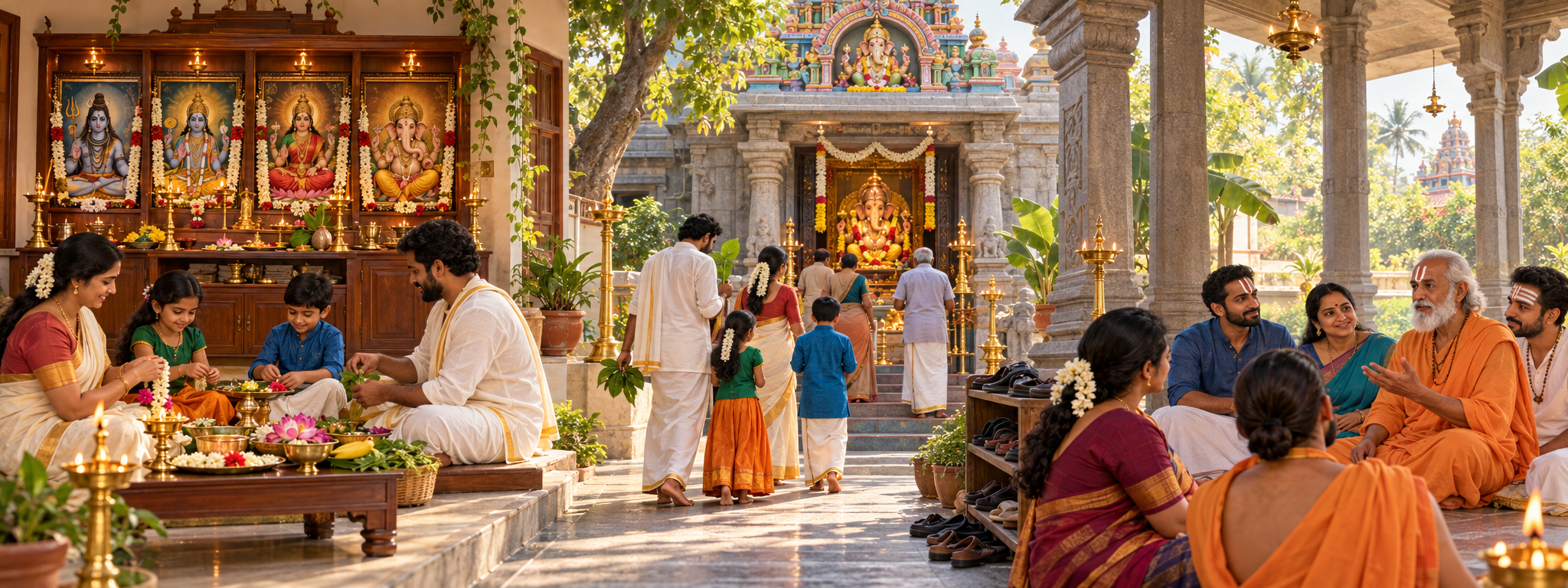 A family honors several deities at home, bows in a Ganesha temple, and joins a calm discussion with practitioners of different traditions.