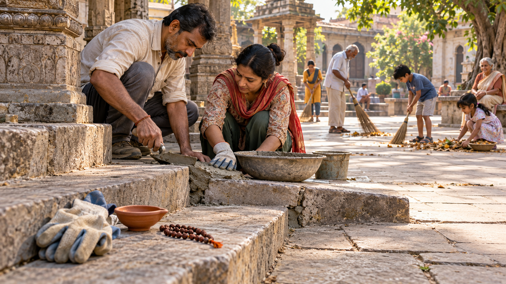 Two adults repair a public stone step in a community courtyard while volunteers clean the surrounding space.